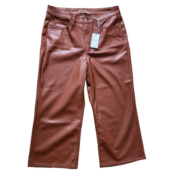 NWT Judy Blue 13/31 Faux Leather Pants Tummy Control Wide Leg Crop Camel Brown - Picture 3 of 14